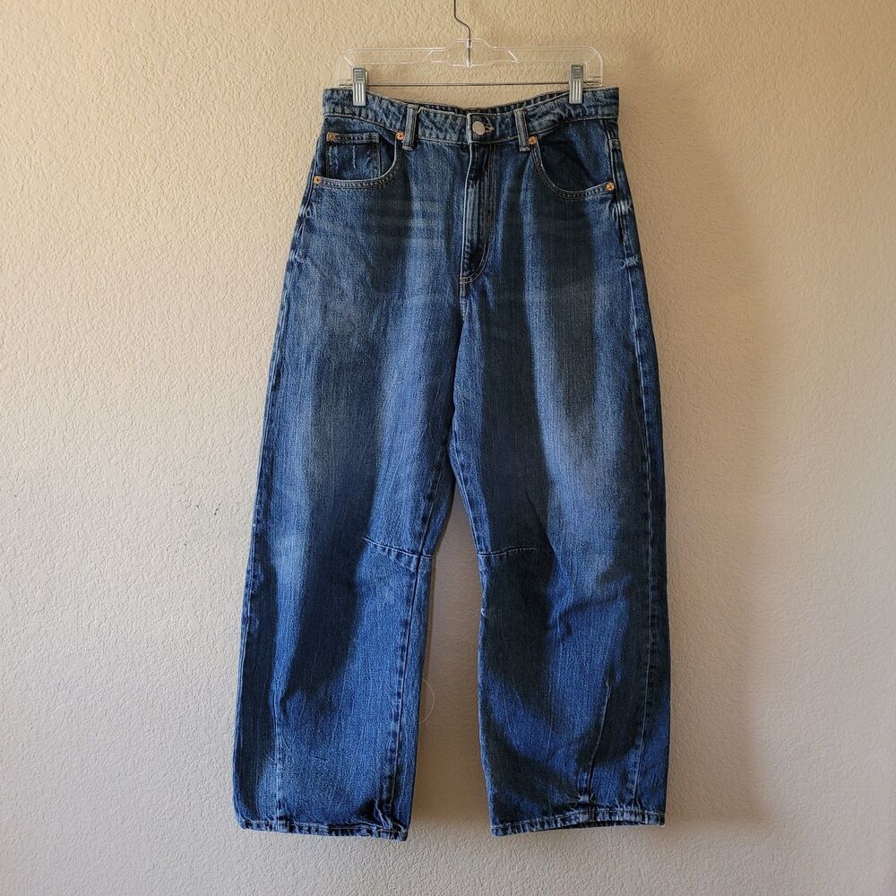 Zara Womens Size 6 Dark Wash Blue Denim High Waisted Barrel Leg Wide Jean